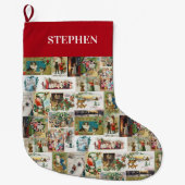 ビンテージクリスマスアンティークコラージュクリスマス名前をカスタムする ラージクリスマスストッキング (正面)