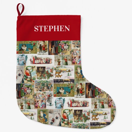 ビンテージクリスマスアンティークコラージュクリスマス名前をカスタムする ラージクリスマスストッキング (正面)