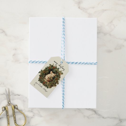 ビンテージクリスマスウィンターウッドランドマウス名 ギフトタグ (より糸付き)