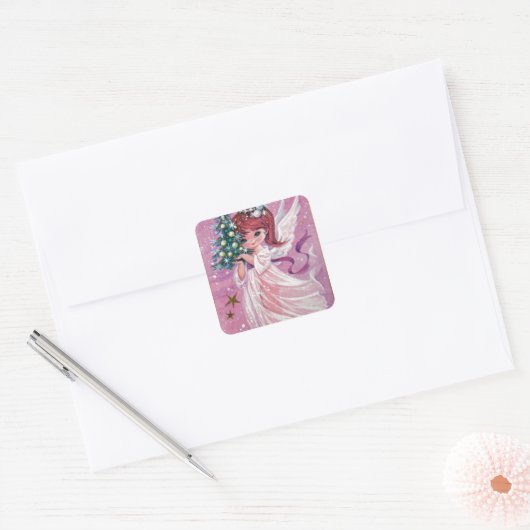 ビンテージクリスマスエンジェルホールディングツリー スクエアシール (封筒)