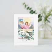 ビンテージクリスマスエンジェル、星と雪に覆われた松 ポストカード (スタンド正面)