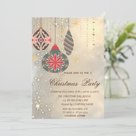 ビンテージクリスマスオーナメント金ゴールドクリスマスパーティー 招待状 (スタンド正面)