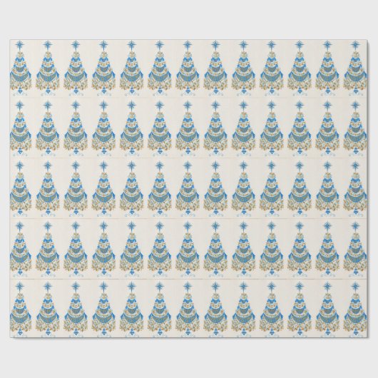 ビンテージクリスマスカードブルー金ゴールドホワイト ラッピングペーパー (フラット)