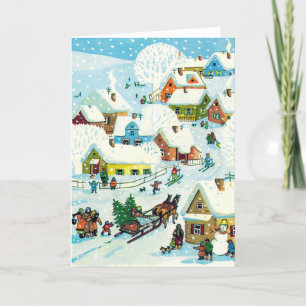 ビンテージクリスマスカード かわいい雪の村 シーズンカード