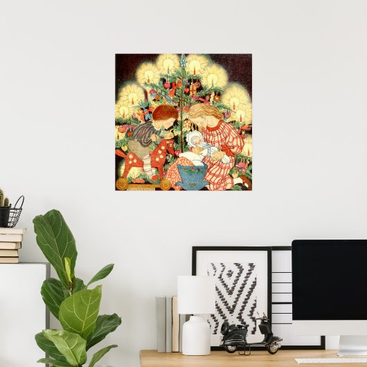 ビンテージクリスマスカード |クリスマスツリーのお子様 ポスター (ホームオフィス)