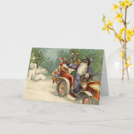 ビンテージクリスマスカード |サンタヴィンテージ車の雪だるま カード (黄色い花)