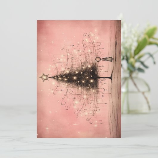 ビンテージクリスマスカード – ピンクのクリスマスツリー シーズンカード (スタンド正面)