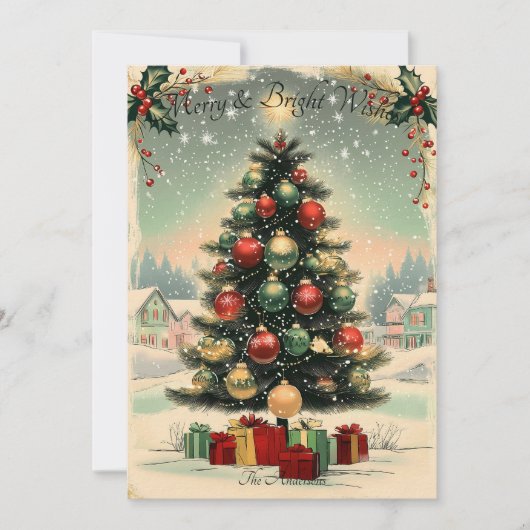 ビンテージクリスマスカード(フェスティバルツリーと雪) 招待状 (正面)