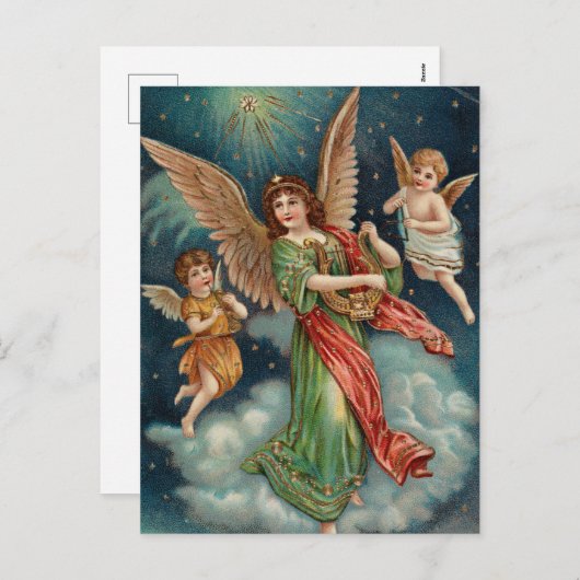 ビンテージクリスマスカード | Angels and Harp シーズンポストカード (正面/裏面)