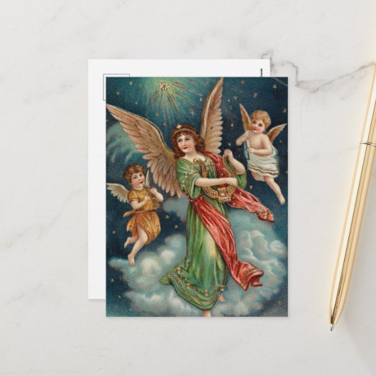 ビンテージクリスマスカード | Angels and Harp シーズンポストカード (正面/裏面インサイチュ)