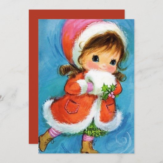 ビンテージクリスマスガールアイススケーティングホリデー シーズンカード (正面/裏面)