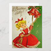 ビンテージクリスマスガールリンギングベルホリデーカード シーズンカード (正面/裏面)