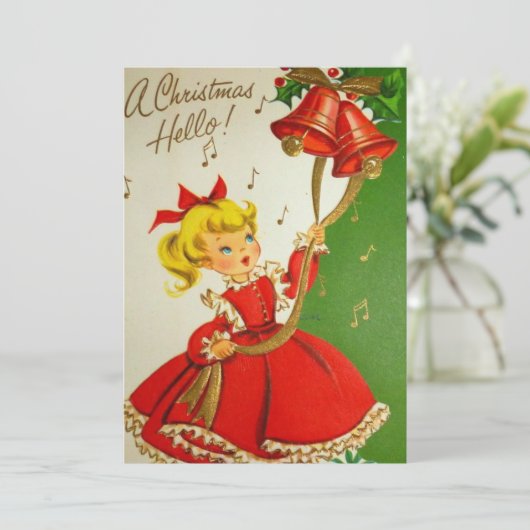 ビンテージクリスマスガールリンギングベルホリデーカード シーズンカード (スタンド正面)