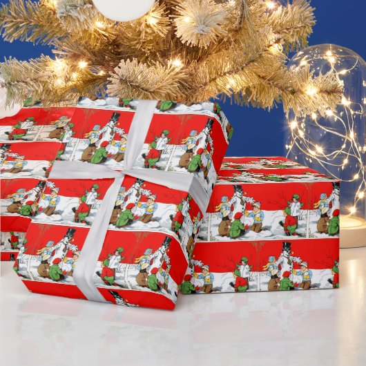 ビンテージクリスマスキッズと雪だるまタイル ラッピングペーパー (クリスマス)