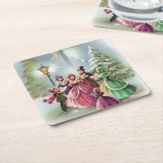 ビンテージクリスマスキャロラーズパーティー スクエアペーパーコースター (アングル)