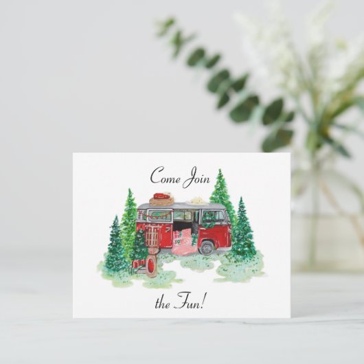 ビンテージクリスマスキャンパーパーティの招待状 ポストカード (スタンド正面)