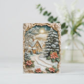 ビンテージクリスマスコテージとポインセチア花 シーズンポストカード (スタンド正面)