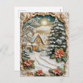 ビンテージクリスマスコテージとポインセチア花 シーズンポストカード (正面/裏面)
