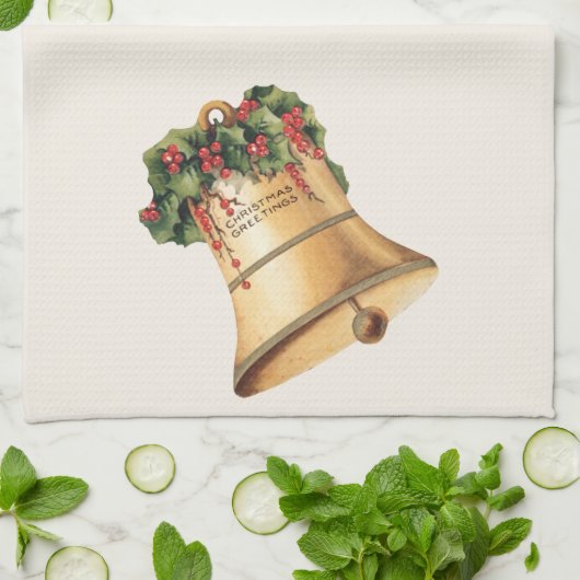 ビンテージクリスマスゴールデンベルズシーズンの挨拶 キッチンタオル (折り畳み)