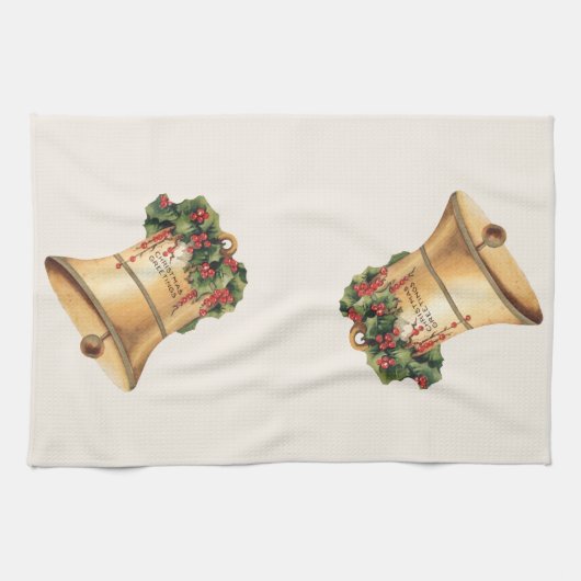 ビンテージクリスマスゴールデンベルズシーズンの挨拶 キッチンタオル (横)