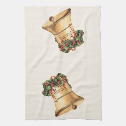 ビンテージクリスマスゴールデンベルズシーズンの挨拶 キッチンタオル (縦)