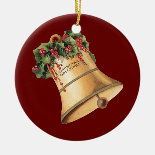 ビンテージクリスマスゴールデンベルズシーズンの挨拶 セラミックオーナメント (正面)