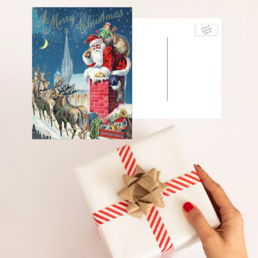 ビンテージクリスマスサビクトリアンンタクラウスオンチムニー シーズンポストカード