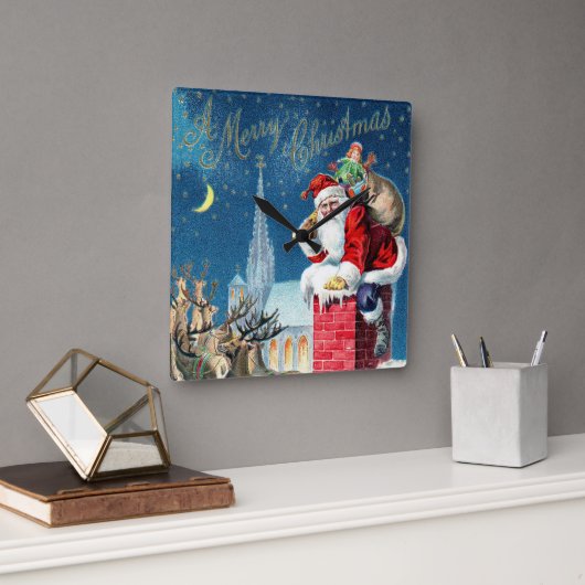 ビンテージクリスマスサビクトリアンンタクラウスオンチムニー スクエア壁時計 (オフィス)