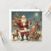 ビンテージクリスマスサンタとトナカイ&プレゼント カード (正面/裏面インサイチュ)