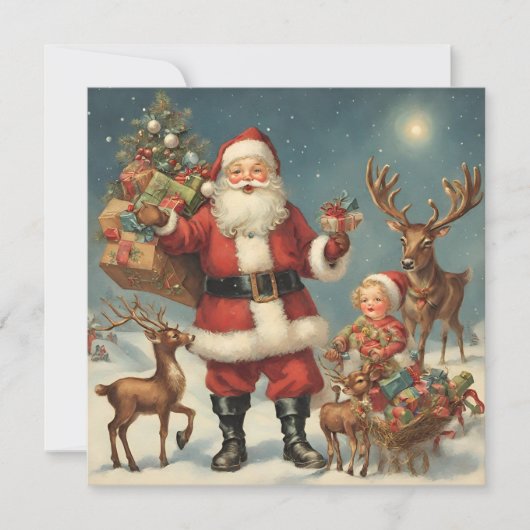 ビンテージクリスマスサンタとトナカイ&プレゼント カード (正面)