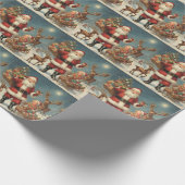 ビンテージクリスマスサンタとトナカイ&プレゼント ラッピングペーパー (角)