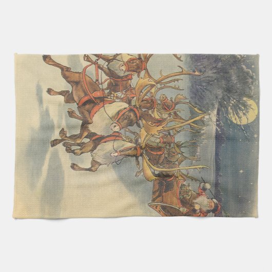 ビンテージクリスマスサンタクロースそりトナカイ キッチンタオル (横)