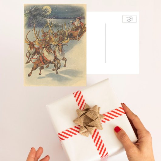 ビンテージクリスマスサンタクロースそりトナカイ シーズンポストカード