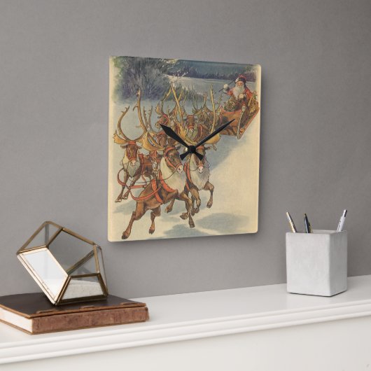 ビンテージクリスマスサンタクロースそりトナカイ スクエア壁時計 (オフィス)