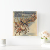 ビンテージクリスマスサンタクロースそりトナカイ スクエア壁時計 (ホーム)