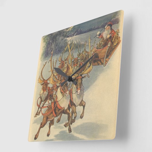 ビンテージクリスマスサンタクロースそりトナカイ スクエア壁時計 (傾斜)