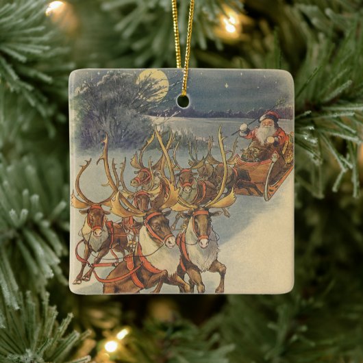 ビンテージクリスマスサンタクロースそりトナカイ セラミックオーナメント (ツリー)