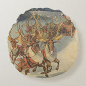 ビンテージクリスマスサンタクロースそりトナカイ ラウンドクッション (正面)