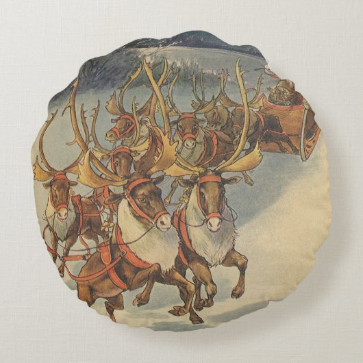 ビンテージクリスマスサンタクロースそりトナカイ ラウンドクッション (裏面)