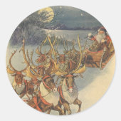 ビンテージクリスマスサンタクロースそりトナカイ ラウンドシール (正面)