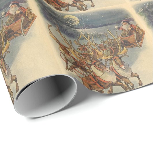 ビンテージクリスマスサンタクロースそりトナカイ ラッピングペーパー (ロールコーナー)