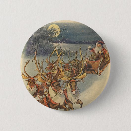 ビンテージクリスマスサンタクロースそりトナカイ 缶バッジ (正面)