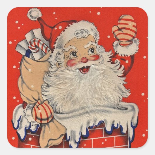 ビンテージクリスマスサンタクロースなびく スクエアシール (正面)