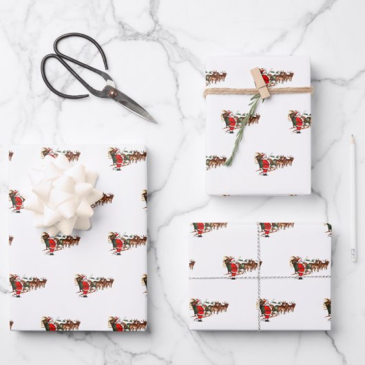 ビンテージクリスマスサンタクロースのトナカイそり ラッピングペーパーシート (正面)