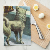 ビンテージクリスマスサンタクロース望遠鏡ドッグサンセット キッチンタオル (四つ折り)