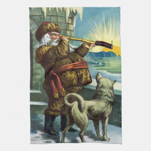 ビンテージクリスマスサンタクロース望遠鏡ドッグサンセット キッチンタオル (縦)