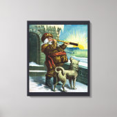 ビンテージクリスマスサンタクロース望遠鏡ドッグサンセット キャンバスプリント (正面)
