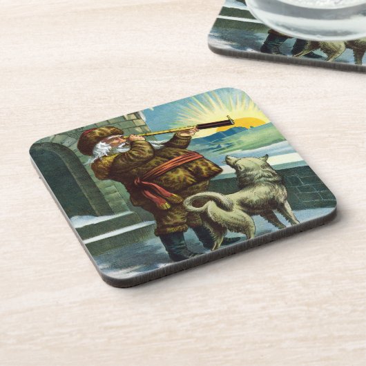 ビンテージクリスマスサンタクロース望遠鏡ドッグサンセット コースター (左側)