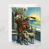ビンテージクリスマスサンタクロース望遠鏡ドッグサンセット シーズンポストカード (正面/裏面)