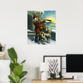 ビンテージクリスマスサンタクロース望遠鏡ドッグサンセット ポスター (ホームオフィス)